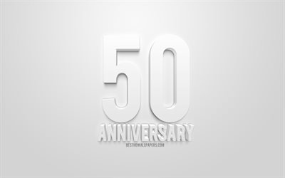 創立50周年記念サイン, 白3dアート, 白背景, 3d文字, 周年記念ラベル, 創立50周年記念