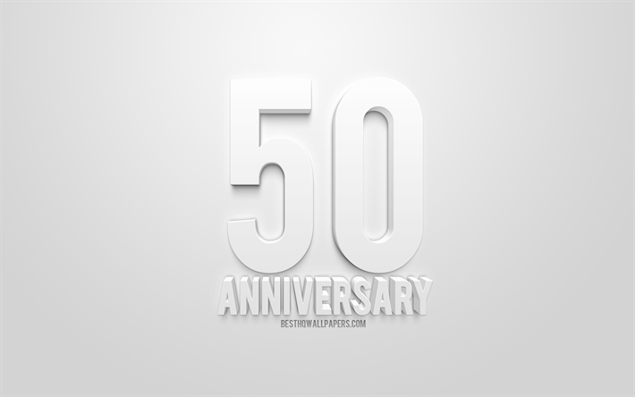 50e Anniversaire de Signer, blanc art 3d, fond blanc, 3d lettres, anniversaire &#233;tiquettes, 50e Anniversaire