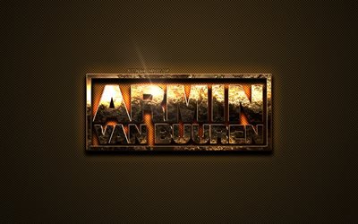Armin van Buuren gold logo, creative art, gold texture, Dutch DJ, brown carbon fiber texture, Armin van Buuren gold emblem, Armin van Buuren