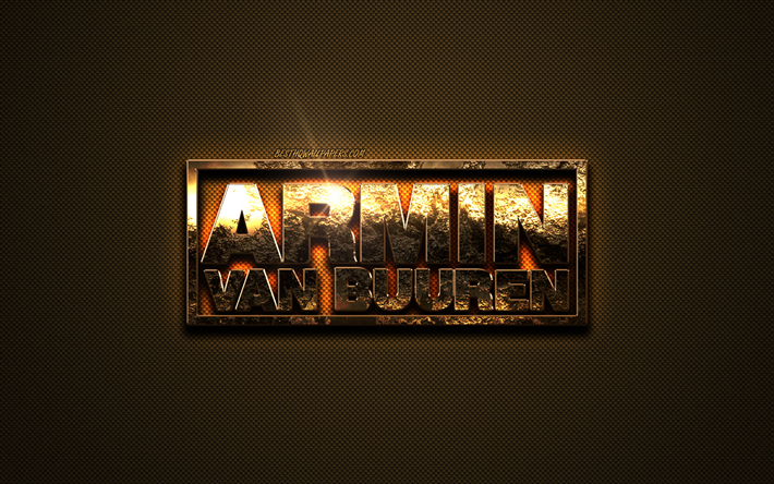 Armin van Buuren gold-logotypen, kreativ konst, guld konsistens, Holl&#228;ndska DJ, brun kolfiber konsistens, Armin van Buuren guld emblem, Armin van Buuren