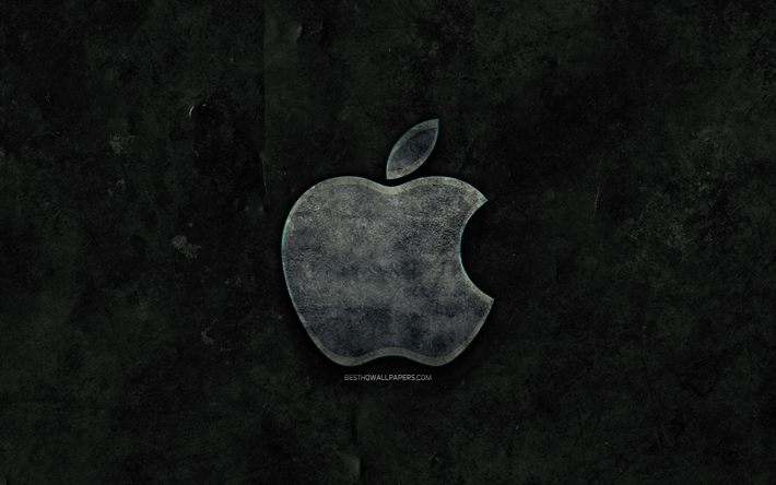 Appleロゴ石, 黒石背景, Apple, 創造, グランジ, Appleのロゴ, ブランド