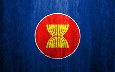 Flag of Association of Southeast Asian Nations, 4k, stone background, grunge flag, Asia, Association of Southeast Asian Nations flag, grunge art, national symbols, international organizations, stone texture