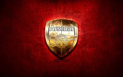 Arsenal FC, golden logotyp, Premier League, red abstrakt bakgrund, fotboll, engelska football club, Arsenal logotyp, Arsenal, England