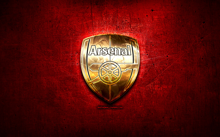 Arsenal FC, golden logo, Premier League, red abstract background, soccer, english football club, Arsenal logo, football, Arsenal, England