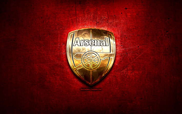 Arsenal FC, golden logotyp, Premier League, red abstrakt bakgrund, fotboll, engelska football club, Arsenal logotyp, Arsenal, England