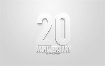 20th anniversary sign, white 3d art, white background, white letters, anniversary cards, anniversary concepts, 20th anniversary