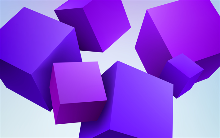 紫3Dキューブ, 4k, 幾何学, 3Dアート, 幾何学的形状, キューブ