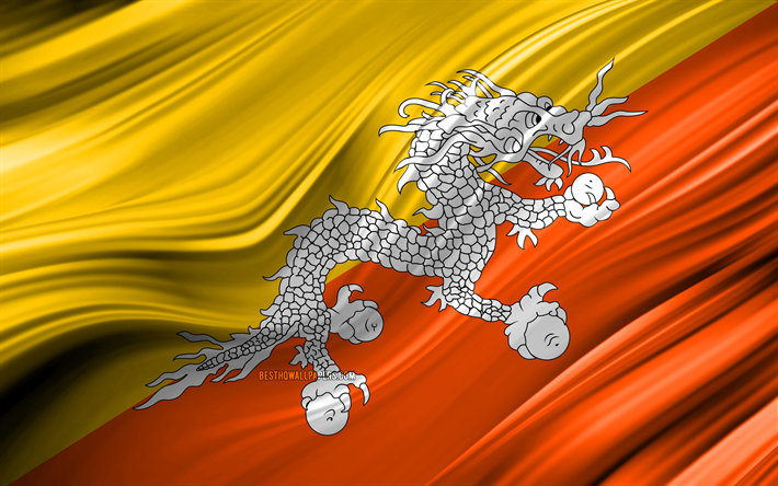 4k, Bhutans flagga, Asiatiska l&#228;nder, 3D-v&#229;gor, Flaggan i Bhutan, nationella symboler, Bhutan 3D-flagga, konst, Asien, Bhutan