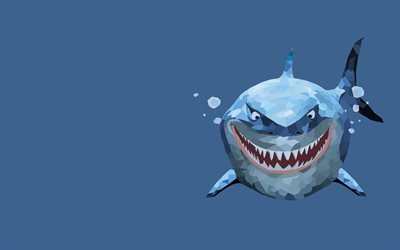 القرش الأبيض, 4k, انخفاض بولي الفن, العالم تحت الماء, الحد الأدنى, أسماك القرش, الكرتون القرش, خلفية زرقاء