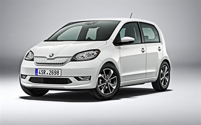 Skoda Citigo-e iV, 2020, compact electric car, exterior, front view, new white Citigo, Czech electric cars, Skoda