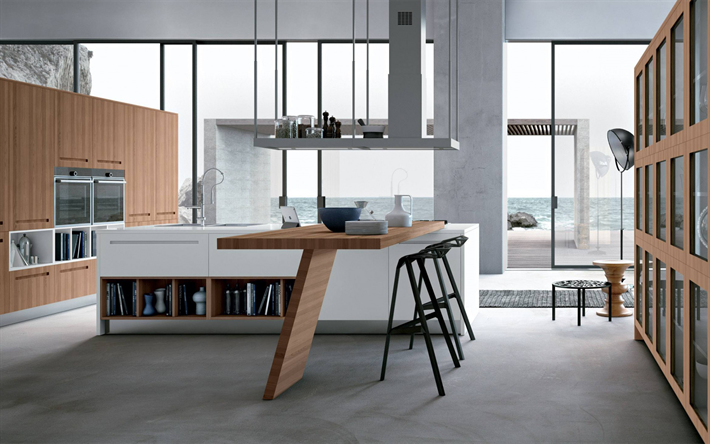stylish interior dining room, kitchen, modern interior design, loft style, concrete floor, concrete walls, wooden furniture