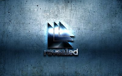 Revealed Recordings metal logo, music labels, blue metal background, artwork, Revealed Recordings, brands, Revealed Recordings 3D logo, creative, Revealed Recordings logo