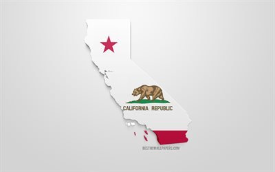 3d flag of California, map silhouette of California, US state, 3d art, California 3d flag, USA, North America, California, geography, California 3d silhouette