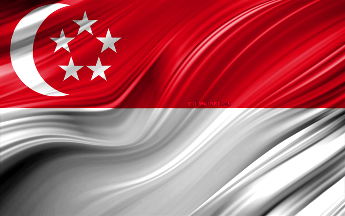 4k, Singapore flag, Asian countries, 3D waves, Flag of Singapore, national symbols, Singapore 3D flag, art, Asia, Singapore