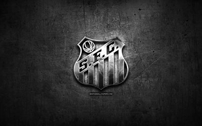 Le Santos FC, logo dor&#233;, Br&#233;silien, Seria A, bleu m&#233;tal, fond, football, football br&#233;silien club, Santos logo, SFC, Br&#233;sil