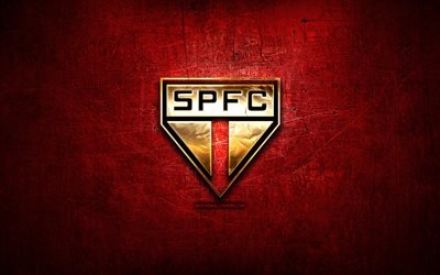Sao Paulo FC, golden logo, Brazilian Seria A, red metal background, soccer, brazilian football club, Sao Paulo logo, football, SPFC, Brazil