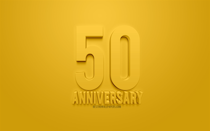 50 &#176; anniversario concetti, sfondo giallo, giallo, 3d arte, anniversario concetti, 50 &#176; anniversario, complimenti