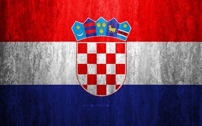 علم كرواتيا, 4k, الحجر الخلفية, الجرونج العلم, أوروبا, كرواتيا العلم, الجرونج الفن, الرموز الوطنية, كرواتيا, الحجر الملمس
