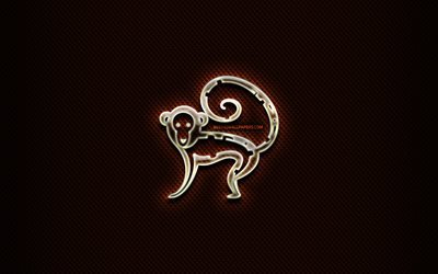 Monkey glass sign, chinese zodiac, brown abstact background, Chinese calendar, artwork, Monkey zodiac sign, animals signs, Monkey, Chinese Zodiac Signs, creative, Monkey zodiac