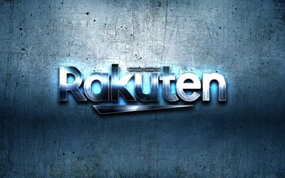 Rakuten in metallo con logo, blu metallo, sfondo, arte, Rakuten, marche, Rakuten logo 3D, creativo, Rakuten logo