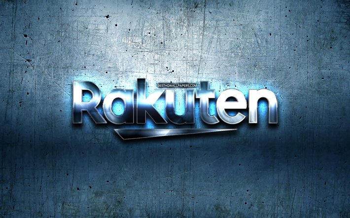 Rakuten logo en m&#233;tal, bleu m&#233;tal, fond, illustration, Rakuten, marques, Rakuten logo 3D, cr&#233;atif, Rakuten logo