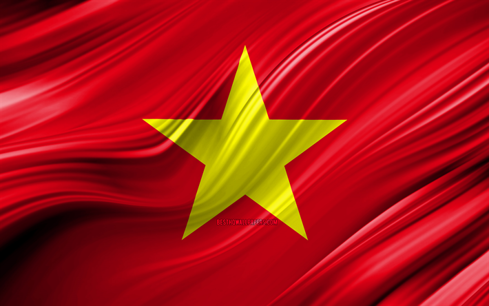 4k, Vietnamin lippu, Aasian maissa, 3D-aallot, kansalliset symbolit, Vietnamin 3D flag, art, Aasiassa, Vietnam