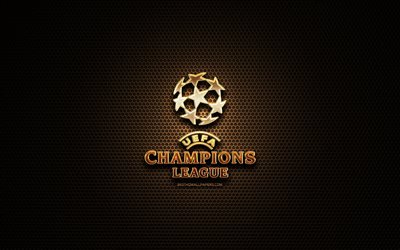 uefa-champions-league-glitter-logo-fu&#223;ball-ligen, kreativ, metal grid background, uefa champions league logo, deutsch fu&#223;ball-liga, marken, uefa champions league