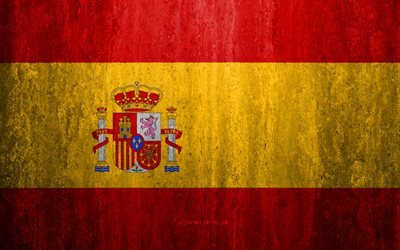 Flag of Spain, 4k, stone background, grunge flag, Europe, Spain flag, grunge art, national symbols, Spain, stone texture