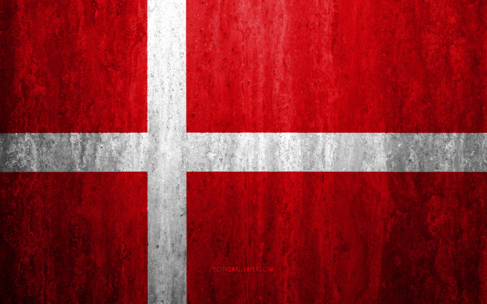 Flag of Denmark, 4k, stone background, grunge flag, Europe, Denmark flag, grunge art, national symbols, Denmark, stone texture