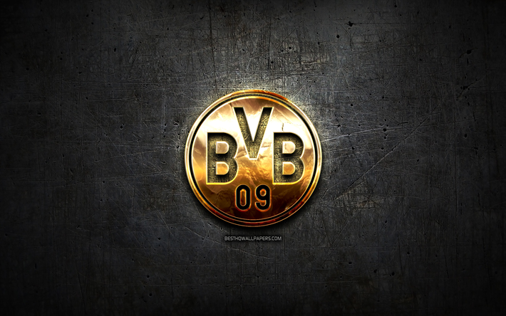 Borussia Dortmund FC, golden logo, Bundesliga, black abstract background, soccer, german football club, Borussia Dortmund logo, football, BVB, Germany