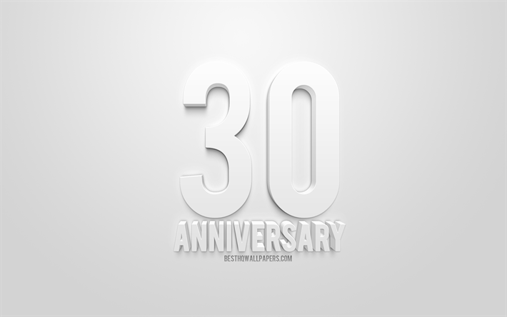 30e anniversaire de signer, blanc art 3d, anniversaire origines, anniversaire, concerts, fond blanc, 30e anniversaire