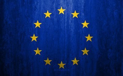 Flagg Europeiska Unionen, 4k, sten bakgrund, grunge flagga, Europa, Europeiska Unionens flagga, grunge konst, internationella organisationer, Europeiska Unionen, sten struktur