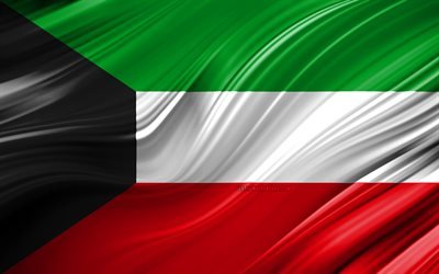 4k, Kuwaiti bandeira, Pa&#237;ses asi&#225;ticos, 3D ondas, Bandeira do Kuwait, s&#237;mbolos nacionais, Kuwait 3D bandeira, arte, &#193;sia, Kuwait