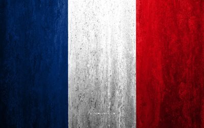 Fransa bayrağı, 4k, taş arka plan, grunge bayrak, Avrupa, Fransa, bayrak, grunge sanat, ulusal semboller, taş doku