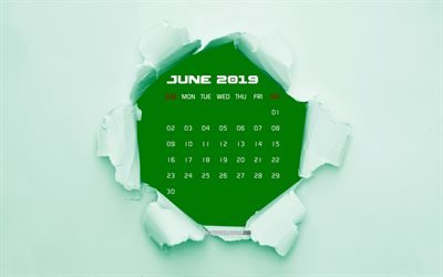 4k, junio de 2019 Calendario, verde rasgado de papel, de junio de 2019 calendario, libro verde de fondo, creativo, de junio de 2019 calendario con papel rasgado, el Calendario de junio de 2019, junio de 2019 2019 calendarios