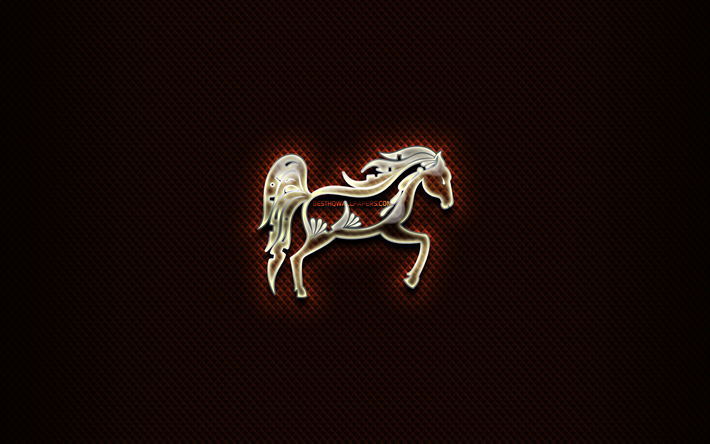 Horse glass sign, chinese zodiac, brown abstact background, Chinese calendar, artwork, Horse zodiac sign, animals signs, Horse, Chinese Zodiac Signs, creative, Horse zodiac