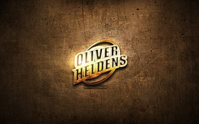 Oliver Heldens golden logo, Dutch DJ, brown metal background, creative, Oliver Heldens logo, brands, Oliver Heldens