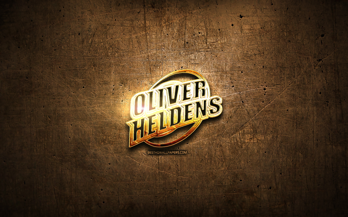 Oliver Heldens kultainen logo, Hollantilainen DJ, ruskea metalli tausta, luova, Oliver Heldens-logo, merkkej&#228;, Oliver Heldens
