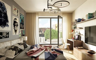 modern interior design, bedroom, bedroom interior for teenager, stylish interior, bike on the ceiling, childrens room interior