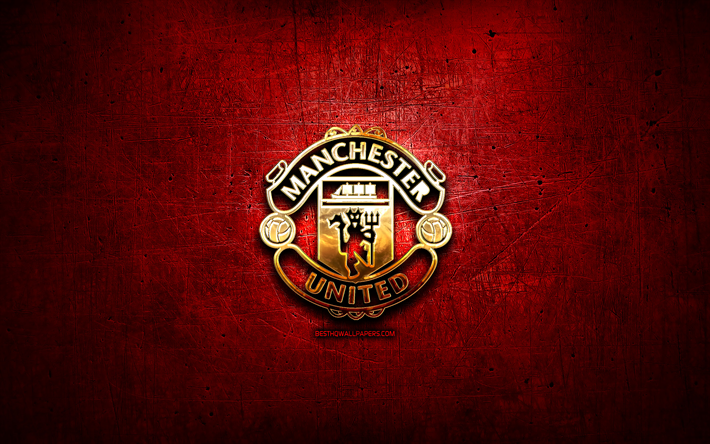 Manchester United FC, golden logotyp, Premier League, red abstrakt bakgrund, fotboll, engelska football club, Manchester United logotyp, Manchester United, England