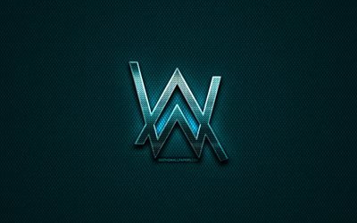 Alan Walker glitter logo, music stars, creative, blue metal background, Alan Walker logo, brands, superstars, Alan Walker