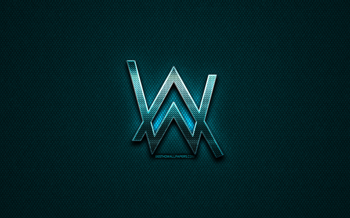 Alan Walker glitter logo, m&#252;zik yıldızları, yaratıcı, mavi metal arka plan, Alan Walker logo, marka, superstars, Alan Walker