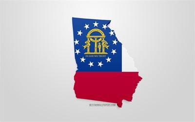 3d de la bandera de Georgia, mapa de la silueta de Georgia, estado de EEUU, arte 3d, Georgia 3d de la bandera, estados UNIDOS, Am&#233;rica del Norte, Georgia, geograf&#237;a, Georgia 3d silueta