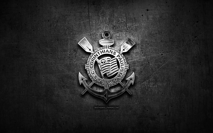Corinzi FC, logo argento, Brasiliano di Serie A, in metallo nero, sfondo, calcio brasiliano, calcio club, il Corinthians logo, calcio, SC Corinthians Paulista, Brasile