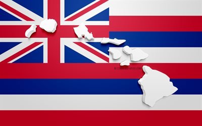 3d-flagga p&#229; Hawaii, karta siluett of Hawaii, AMERIKANSKA staten, 3d-konst, Hawaii 3d-flagga, USA, Nordamerika, Hawaii, geografi, Hawaii 3d siluett