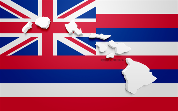 3d drapeau de Hawaii, carte silhouette de Hawaii, de l&#39;&#233;tat AM&#201;RICAIN, art 3d, Hawaii 3d drapeau, etats-unis, Am&#233;rique du Nord, d&#39;Hawa&#239;, de la g&#233;ographie, Hawaii 3d silhouette