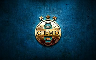 Gremio FC, golden logo, Brazilian Seria A, blue metal background, soccer, brazilian football club, Gremio logo, football, Gremio FBPA, Brazil