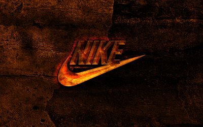 Nike brinnande logotyp, orange sten bakgrund, Nike, kreativa, Nike logotyp, varum&#228;rken