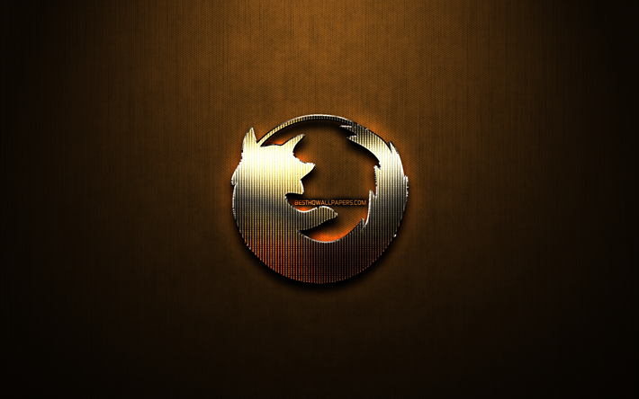 Mozilla glitter logo, creative, internet browser, bronze metal background, Mozilla logo, brands, Mozilla