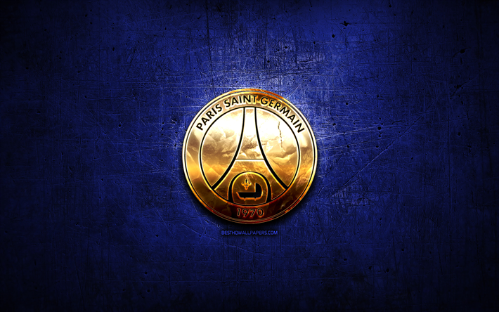 Le Paris Saint-Germain FC, logo dor&#233;, Ligue 1, abstrait bleu fond, football, club fran&#231;ais de football, le PSG logo, le football, le PSG, la France, le Paris Saint-Germain